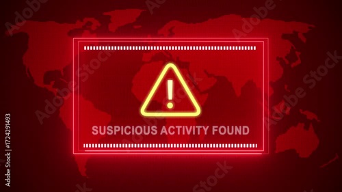 Suspicious activity found warning. Cybersecurity defense and system protection from hackers, secure digital systems, cyberattack prevention. Digital security and risk control.