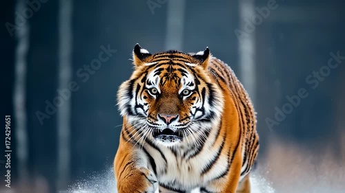 Majestic Siberian tiger running through the snow in winter wildlife scenery footage