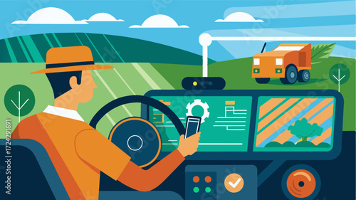 A farmer monitoring the progress of his selfdriving tractor on a dashboard which displays realtime data such as fuel consumption productivity and efficiency resulting in datadriven. Vector