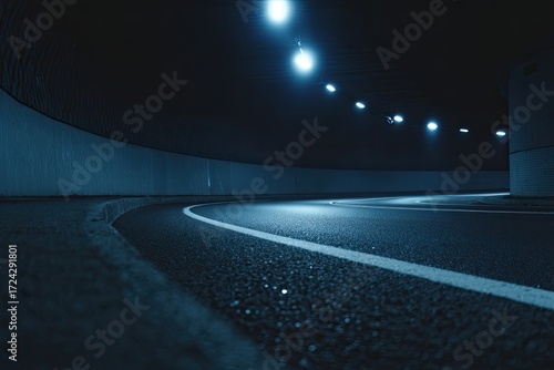 Dark, curved tunnel at night