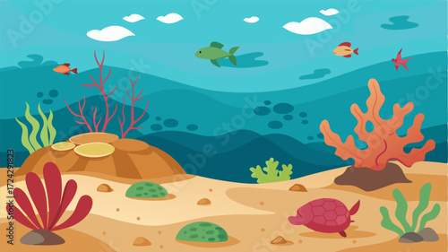 A sandy ocean floor sprinkled with coral formations home to graceful sea turtles and graceful sea anemones.