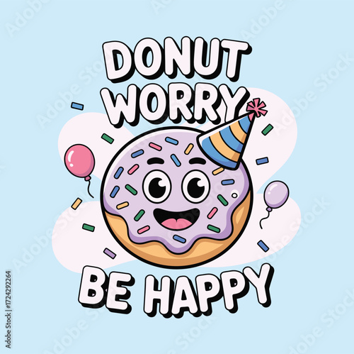 Cartoon donut with party hat surrounded by balloons and confetti on a light blue background