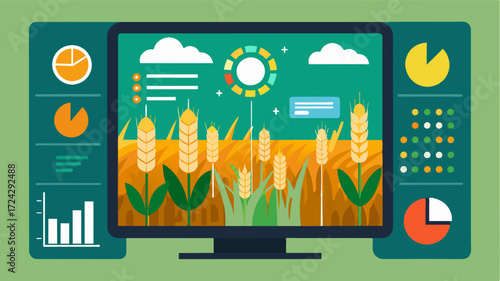 A digital dashboard displays the predicted harvest yield for each individual crop on a farm allowing farmers to make precise decisions on which crops to prioritize.. Vector illustration