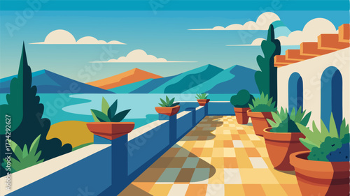 A tranquil terrace lined with potted plants and herbs offering sweeping views of the rolling landscape and distant islands.