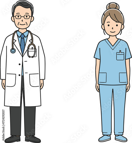 Cartoon doctor, nurse illustration, medical staff characters, healthcare professionals, hospital uniform, stethoscope, scrubs, clinic workers, vector art, isolated background