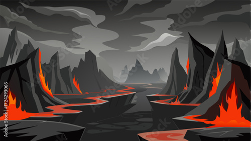 A sea of black and grey marked with deep chasms and towering cliffs of solid lava. The landscape is both frightening and intriguing.