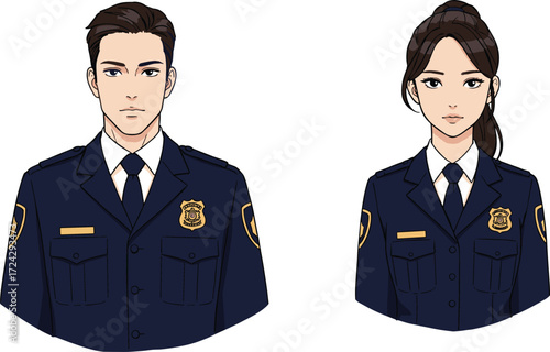 Cartoon police officers, law enforcement illustration, uniformed characters, professional pose, security concept, authority figure, animated style, public safety, patrol team