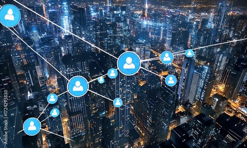 Futuristic City Skyline at Night with Digital Data Overlay and Bright Lights