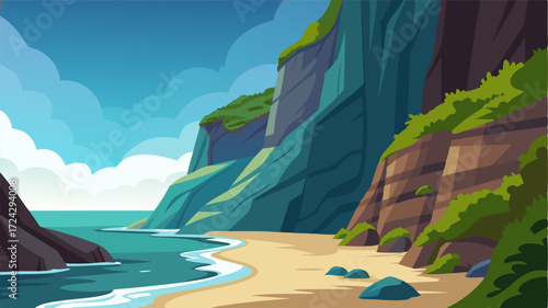 A secluded beach hidden beneath towering cliffs and accessible only by a treacherous climb down a rocky path.