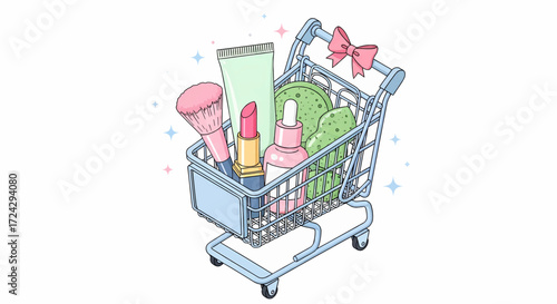Cute shopping cart full of beauty products vector illustration
