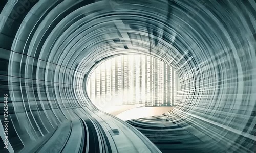 Futuristic Subway Tunnel with Moving Trains and Digital Effects in a Modern Urban Setting