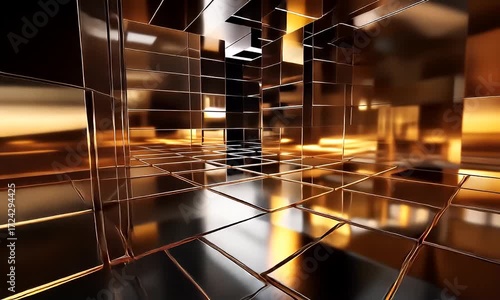 Futuristic Metallic Tunnel with Reflective Cubes and Warm Lighting