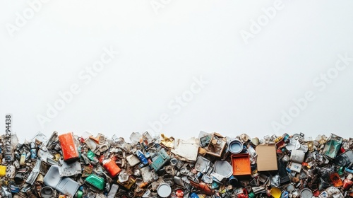 Overhead view of compressed mixed recyclable garbage lying on white background