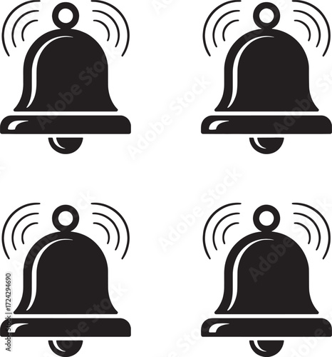 Four black ringing bells on white background sound
