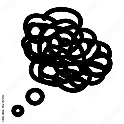 Chaotic black scribble thought bubble icon with scratchy distressed texture symbolizing confusion and struggle
