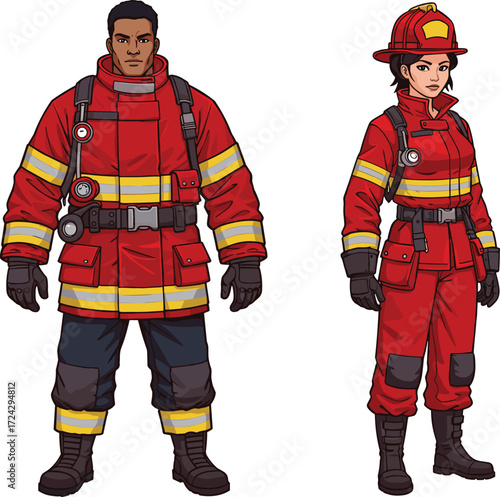 Firefighter uniform, emergency response, protective gear, rescue team, safety equipment, fire service, professional firefighters, hazard suit, emergency workers, fire protection
