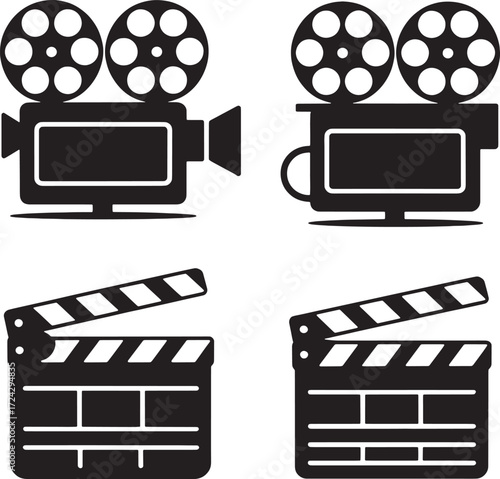 Vintage film camera and clapperboard icons movie camera