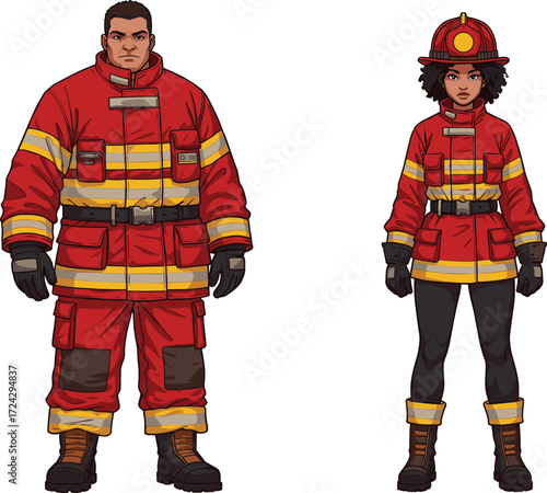 Firefighters in protective gear, emergency response team, safety uniform, fire rescue professionals, reflective clothing, standing pose, public service, teamwork, alert