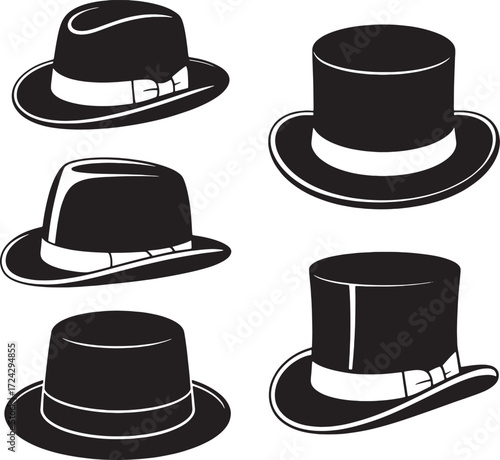 Black fedora and top hats with white bands vector