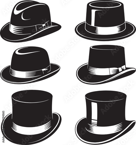 Six black and white vintage hats arranged in two columns