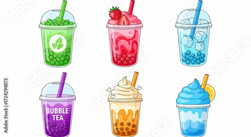 Colorful bubble tea drink set vector illustration collection