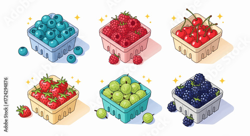 Isometric collection of fresh garden berries vector illustration