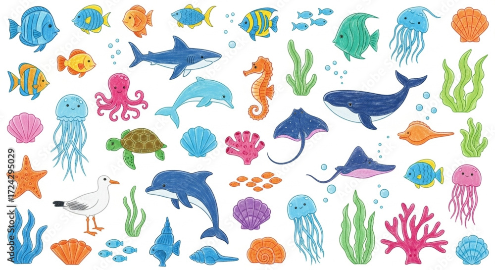 Obraz premium Ocean Life A Colorful Collection of Sea Creatures and Plants