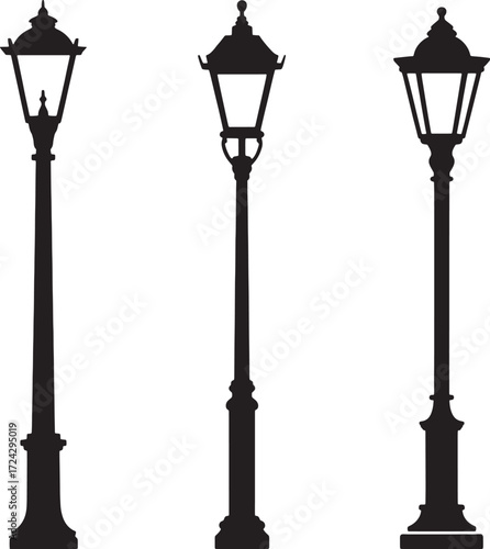 Three black silhouette vintage street lamps on white background