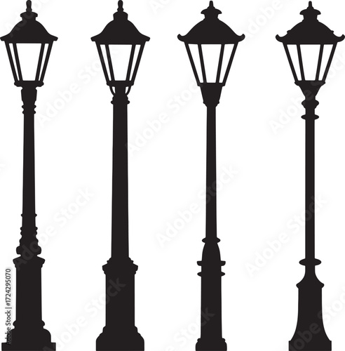 Four black silhouette vintage street lamps on white background