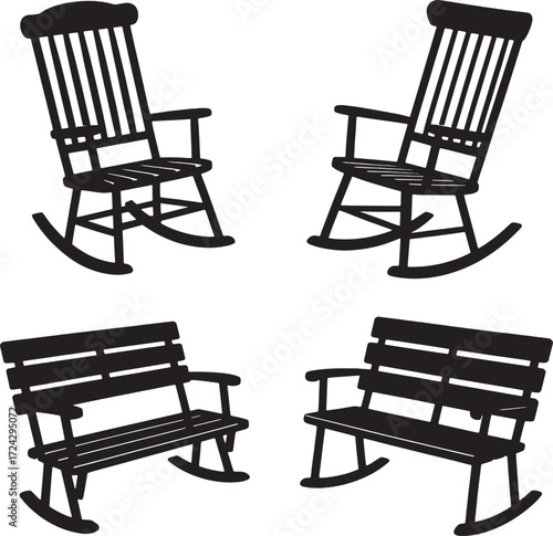 Two rocking chairs and two park benches black silhouettes
