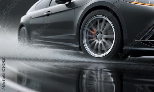 Luxury Sedan Driving Through Water Creating Splash and Ripples in Slow Motion