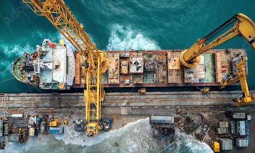 Large Construction Crane Operating Over Offshore Oil Platform with Turquoise Water Scene