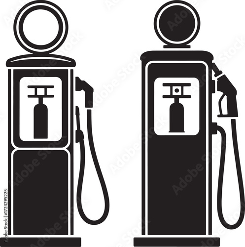 Two black and white vintage gas pumps side by side