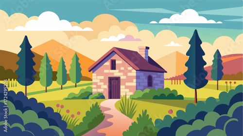 A traditional stone cottage nestled between rows of gvines offers a quiet and idyllic setting for a remote work setup.. Vector illustration