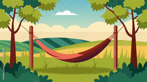 A hammock hangs between two tall vines providing the perfect spot for a midday work break a the tranquility of the vineyard.. Vector illustration