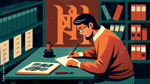 A calligrapher meticulously works on a commissioned piece in the quiet corner of the cultural arts centers library.. Vector illustration