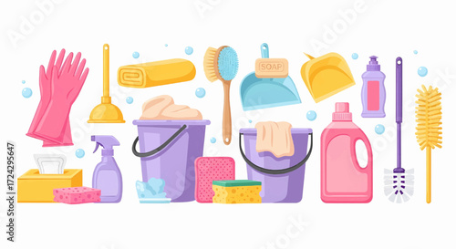Household cleaning supplies set cartoon vector illustration