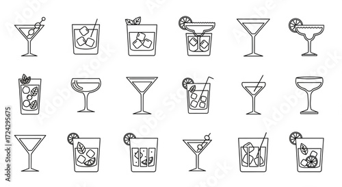 drinks. A comprehensive collection in elegant glassware, ideal for beverage menus, bar branding, and graphic design assets