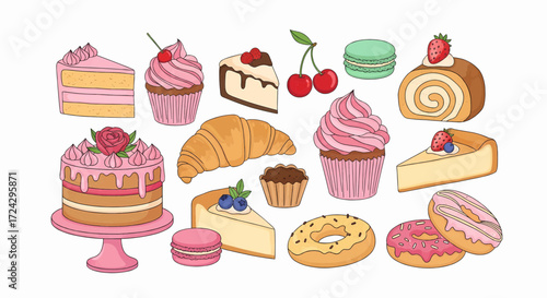 Collection of sweet desserts and pastries vector illustration