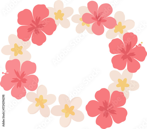 Floral lei with pink hibiscus whitepink plumeria arranged in an open semicircle isolated on a white background