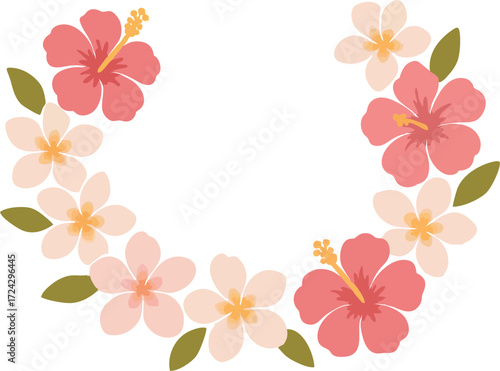 Floral lei with pink hibiscus whitepink plumeria arranged in an open semicircle isolated on a white background