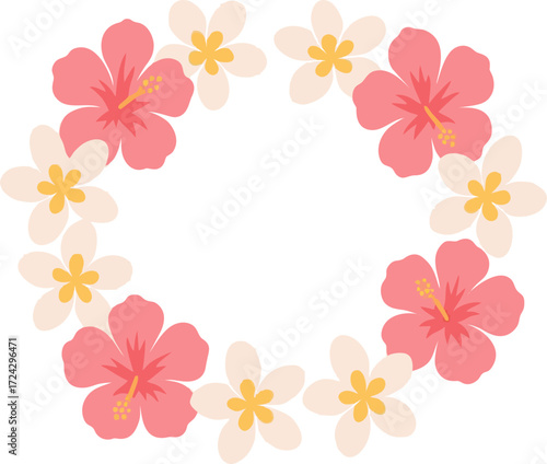 Floral lei with pink hibiscus whitepink plumeria arranged in an open semicircle isolated on a white background
