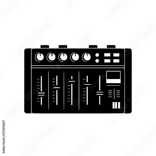 audio mixer panel representing music production, sound engineering, and studio equipment.