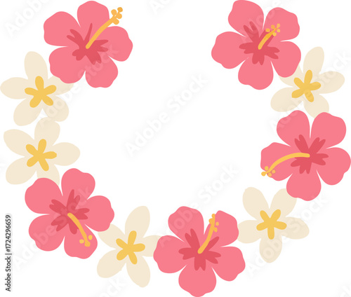 Floral lei with pink hibiscus whitepink plumeria arranged in an open semicircle isolated on a white background