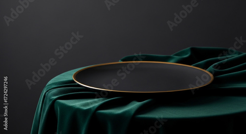 Black plate on draped green velvet fabric