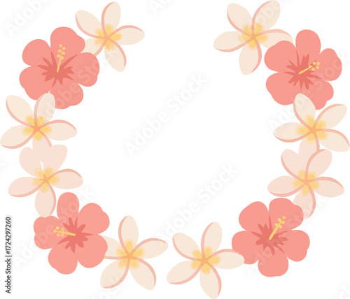 Floral lei with pink hibiscus whitepink plumeria arranged in an open semicircle isolated on a white background