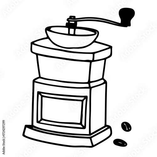 Vintage coffee grinder illustration with coffee beans on white background  