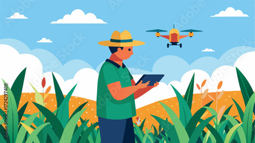 A farmer navigates their drone over a large cornfield using realtime imagery to detect early signs of weed infestations and target spraying for maximum efficiency.. Vector illustration