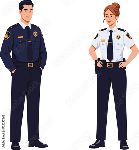Police officer illustration, cartoon uniform design, law enforcement character, security personnel, male cop drawing, patrol outfit, authority figure, vector art