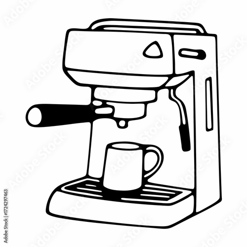 Black and white espresso machine with coffee cup underneath  